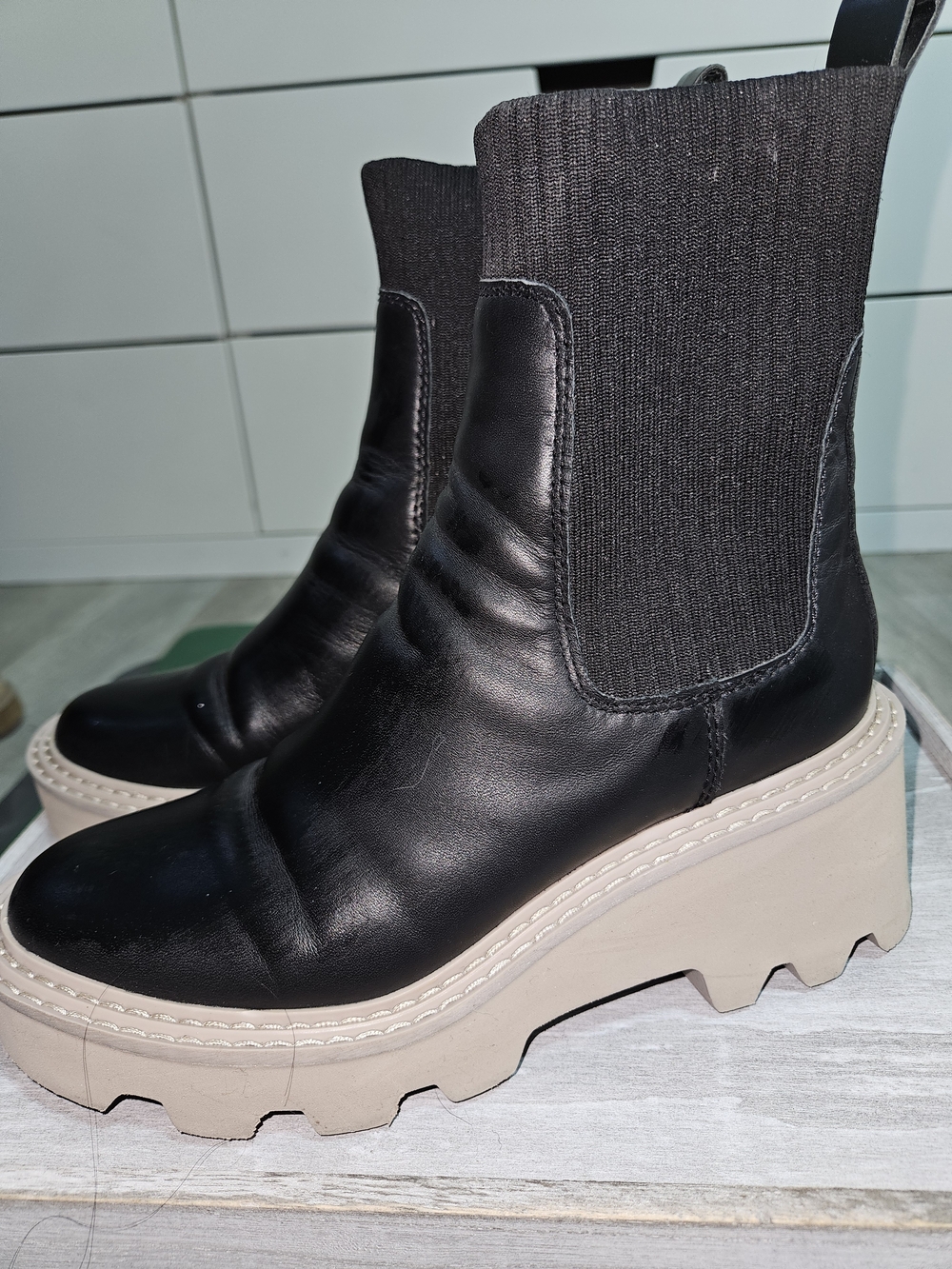 Dolce Vita Black Leather Chelsea Platform Booties with Cream Lug Sole